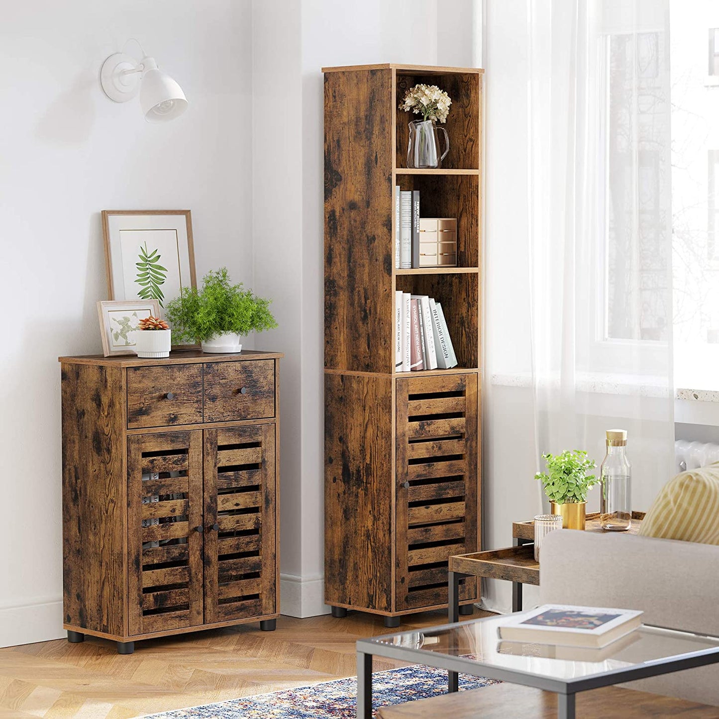 Nancy's Palm City Storage Cabinet - Bathroom Cabinet - High Cabinet - 3 Open Compartments - Opening Door - Adjustable Shelves - Industrial - Brown - Engineered Wood - 40 x 30 x 167 cm