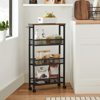 Nancy's Granger Serveerwagen - Keukentrolley - Op Wieltjes - Bewerkt Hout - Metaal - Bruin - Zwart - 4 Niveaus - 42 x 13 x 77 cm
