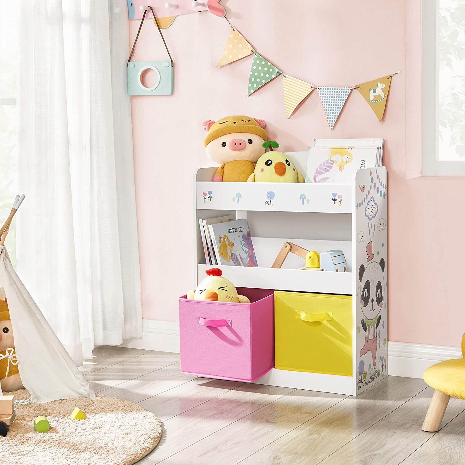 Nancy's Arthur Kinderkamerkast - Opslagkast - Speelgoedkast - Speelgoedorganizer - Opbergdozen - Roze - Geel - Wit - MDF