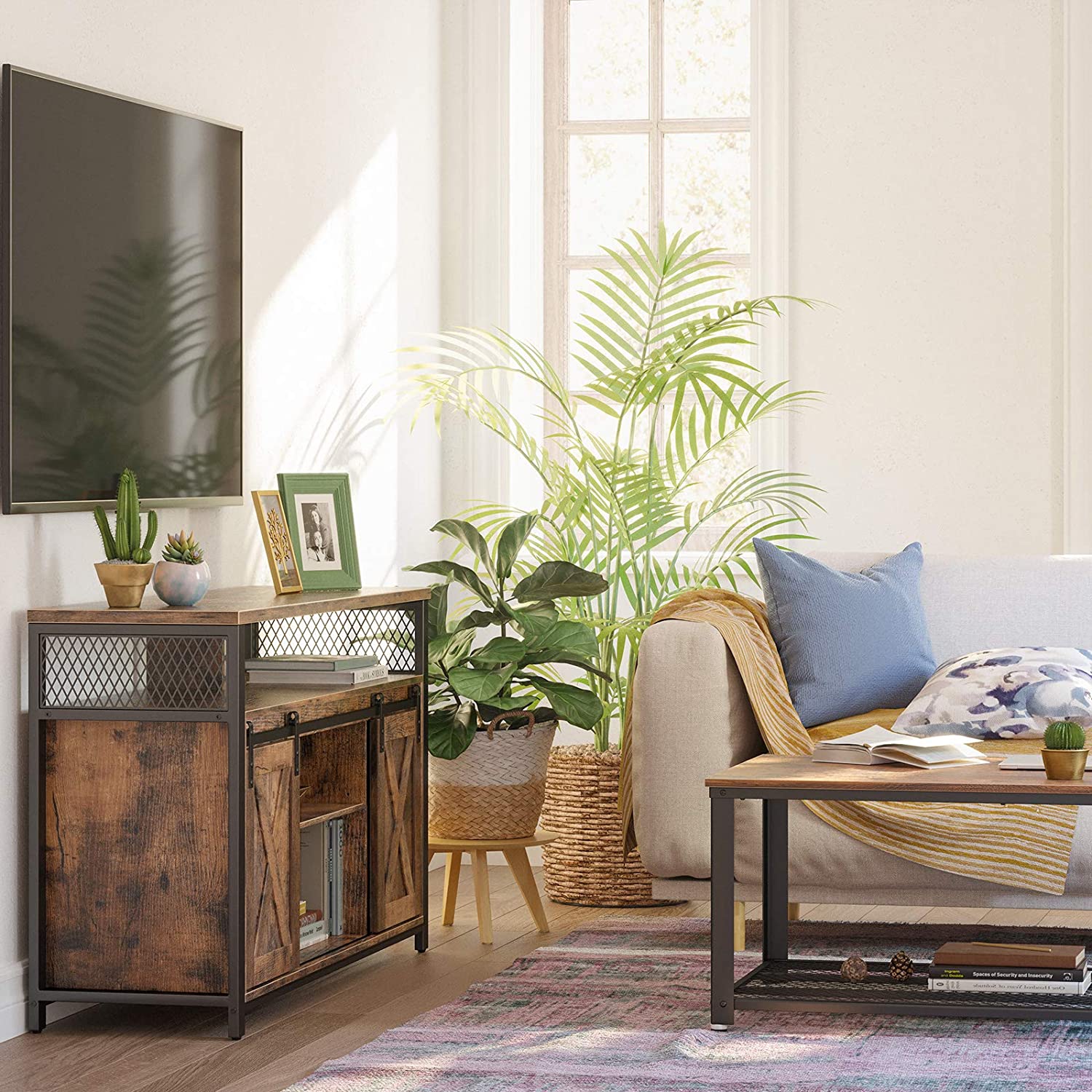 Nancy's Starkville TV Meubel - TV Kast - Vintage Bruin / Zwart - Spaanplaat / Staal - ± 135 x 40 x 75 cm