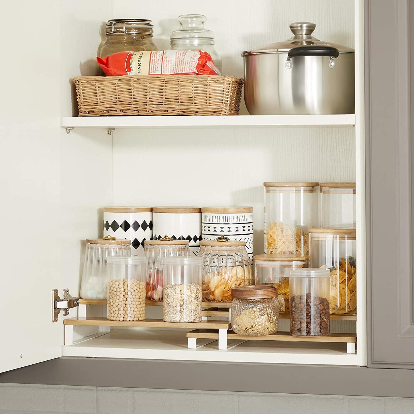 Nancy's Frankford Spice Racks - Set Of 3 - 3 Shelves Each - Bamboo - Extendable - Stackable - White - Natural