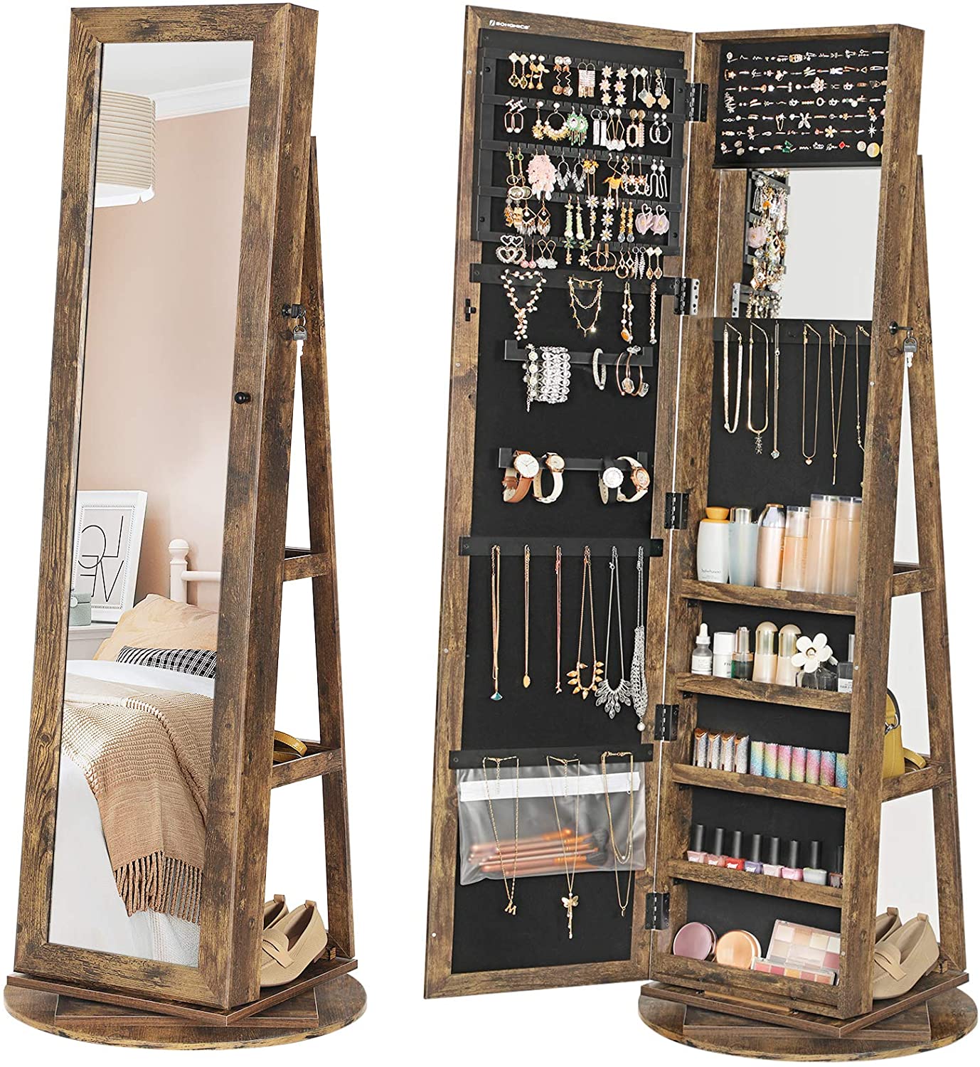 Nancy's Colpitts Sieradenspiegel - Sieradenkast - Spiegelkast - Juwelenkast - Vintage Bruin - ± 55 x 55 x 160 cm