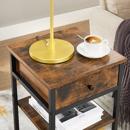 Nancy's Meridian Bedside Table - Side Table - Drawer - 2 Shelves - 35 x 35 x 70 cm - Engineered Wood - Metal - Industrial - Brown - Black