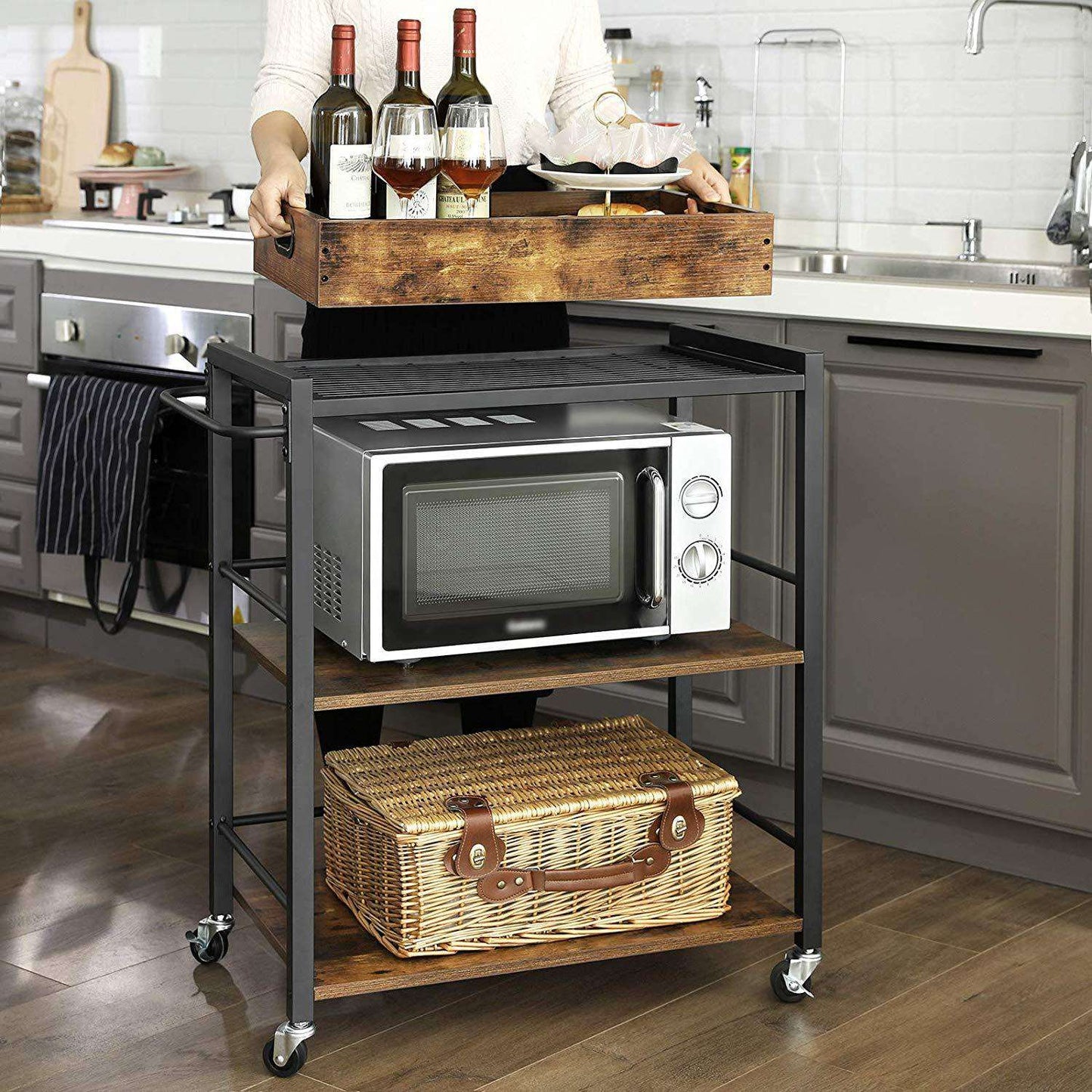 Nancy's Salem Vintage Keukenwagen - Serveerwagen - Keukentrolleys - Vintage Bruin / Zwart - ± 65 x 40 x 85 cm