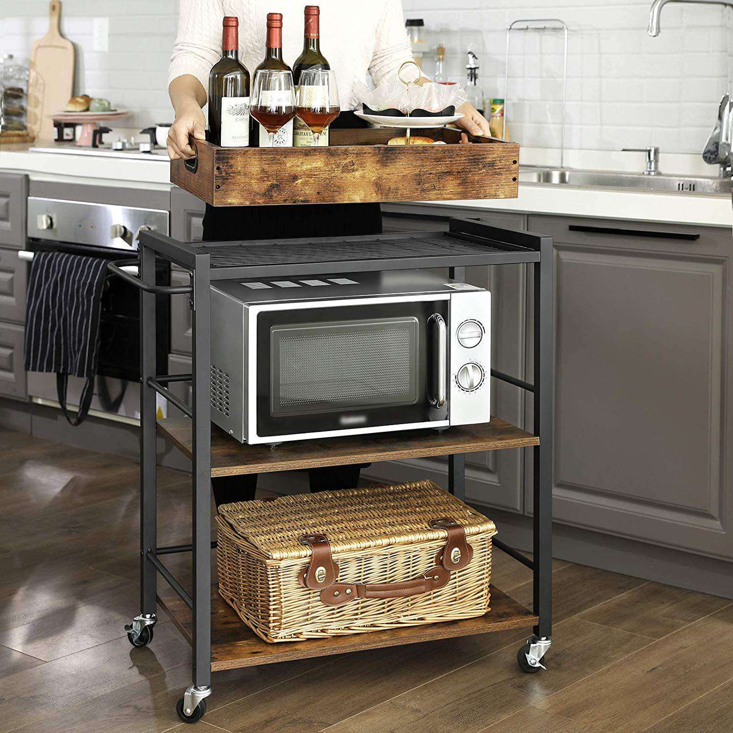 Nancy's Salem Vintage Keukenwagen - Serveerwagen - Keukentrolleys - Vintage Bruin / Zwart - ± 65 x 40 x 85 cm