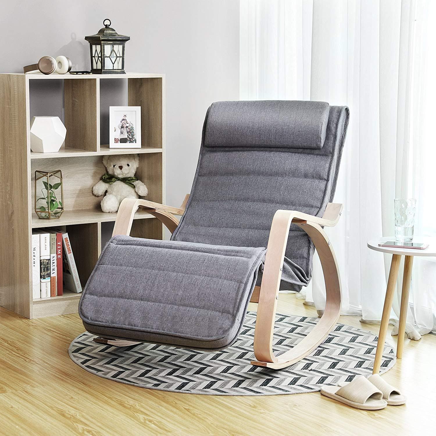 Nancy's Dunn Loring Schommelstoel - Relax Stoel - Loungestoel - Met Voetensteun - Grijs - Linnen / Berkenhout