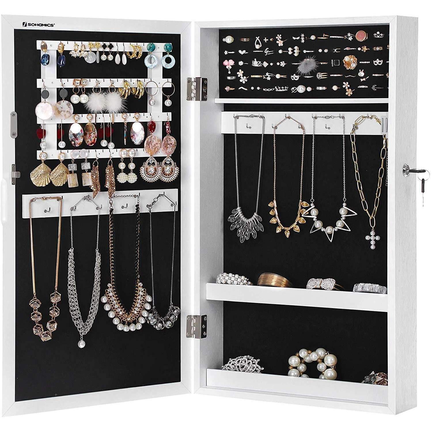 Nancy's Gradil Spiegel Sieradenkast - Passpiegel - Sieraden Opberger - Spiegelkast - Wandspiegel - Wit - ± 40 x 10 x 70 cm