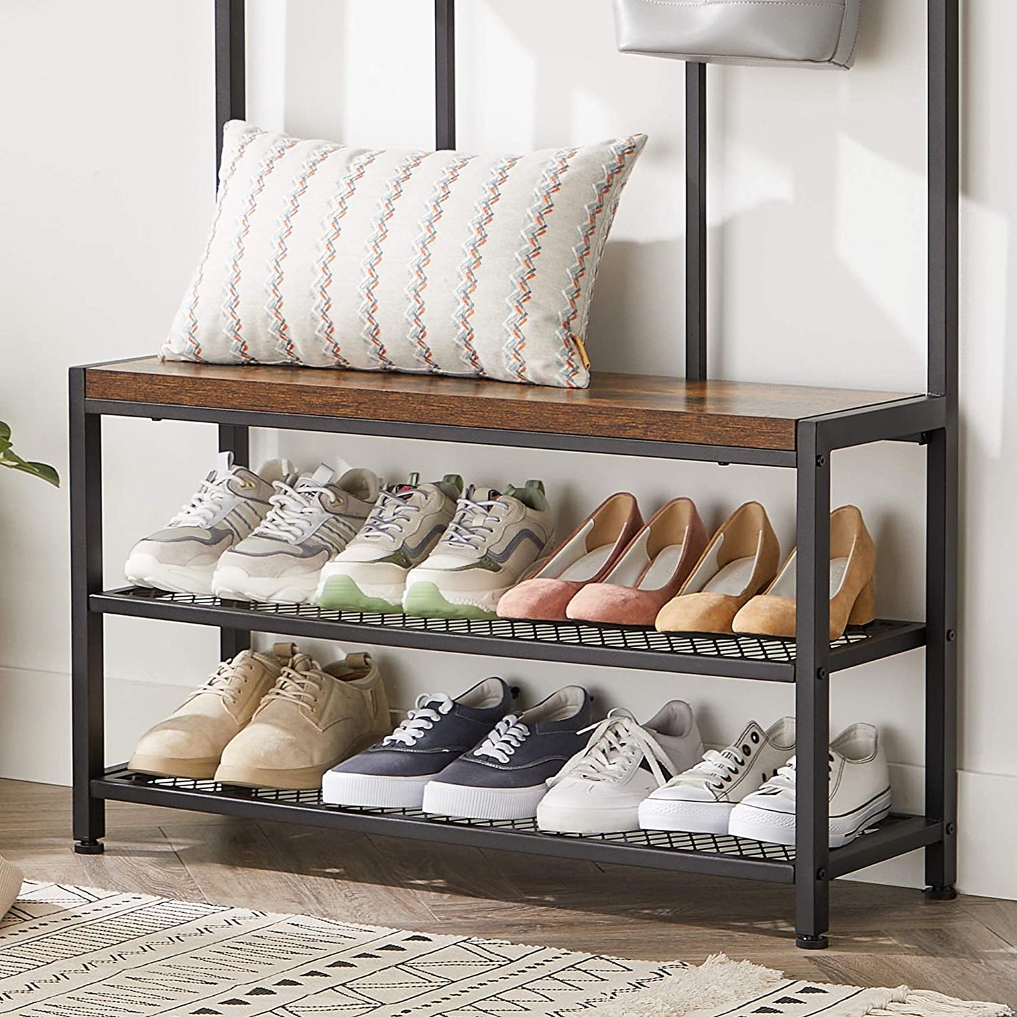 Nancy's Sinton Coat Rack - Wardrobe Rack - 8 Hooks - Bench - 2 Grid Shelves - Metal - Engineered Wood - Industrial - Black - Brown