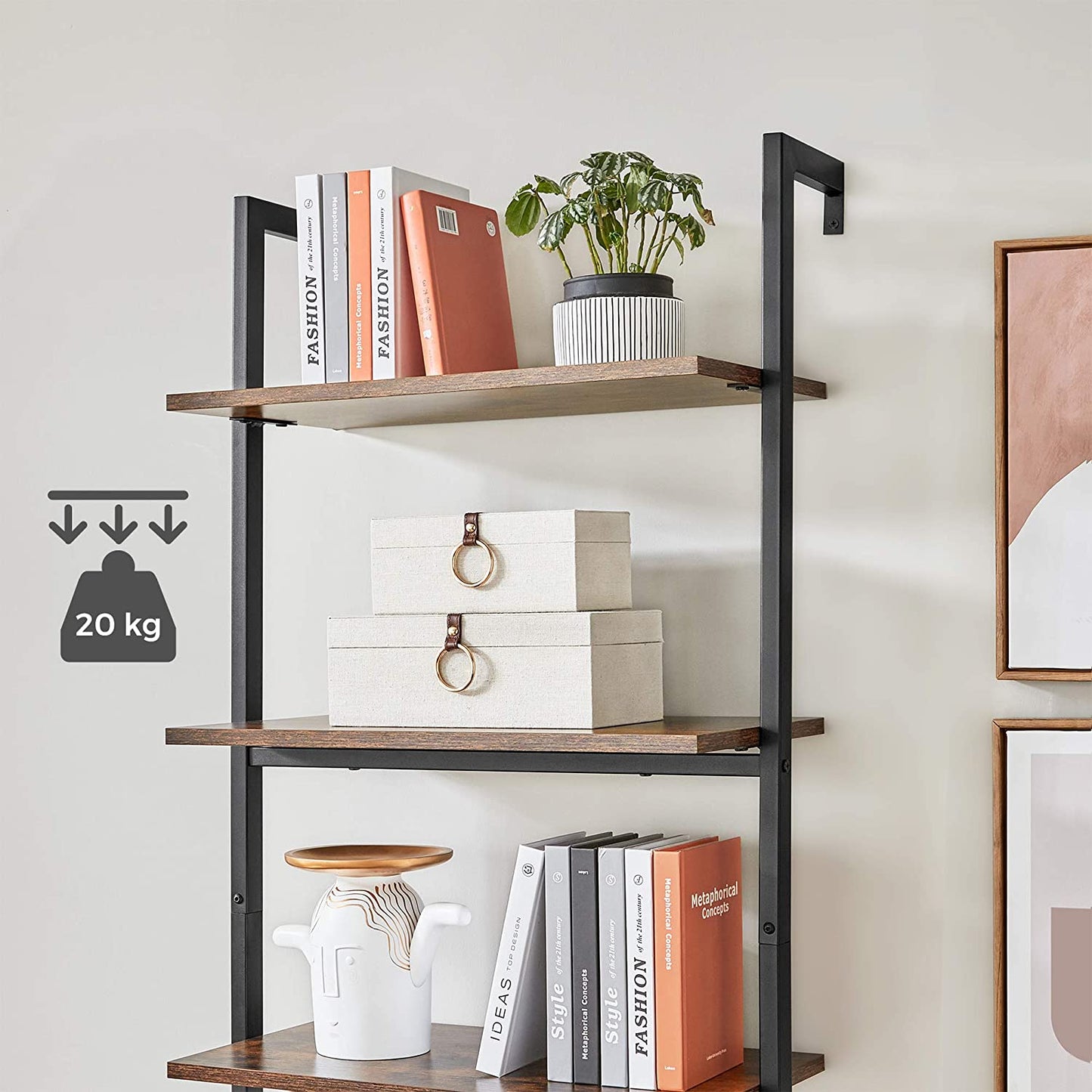 Nancy's Wellington Boekenkast - Ladderkast - Wandkast - Boekenrek - Opbergruimte - Industrieel - Bruin - Bewerkt Hout - Metaal - 60 x 30 x 204,8 cm