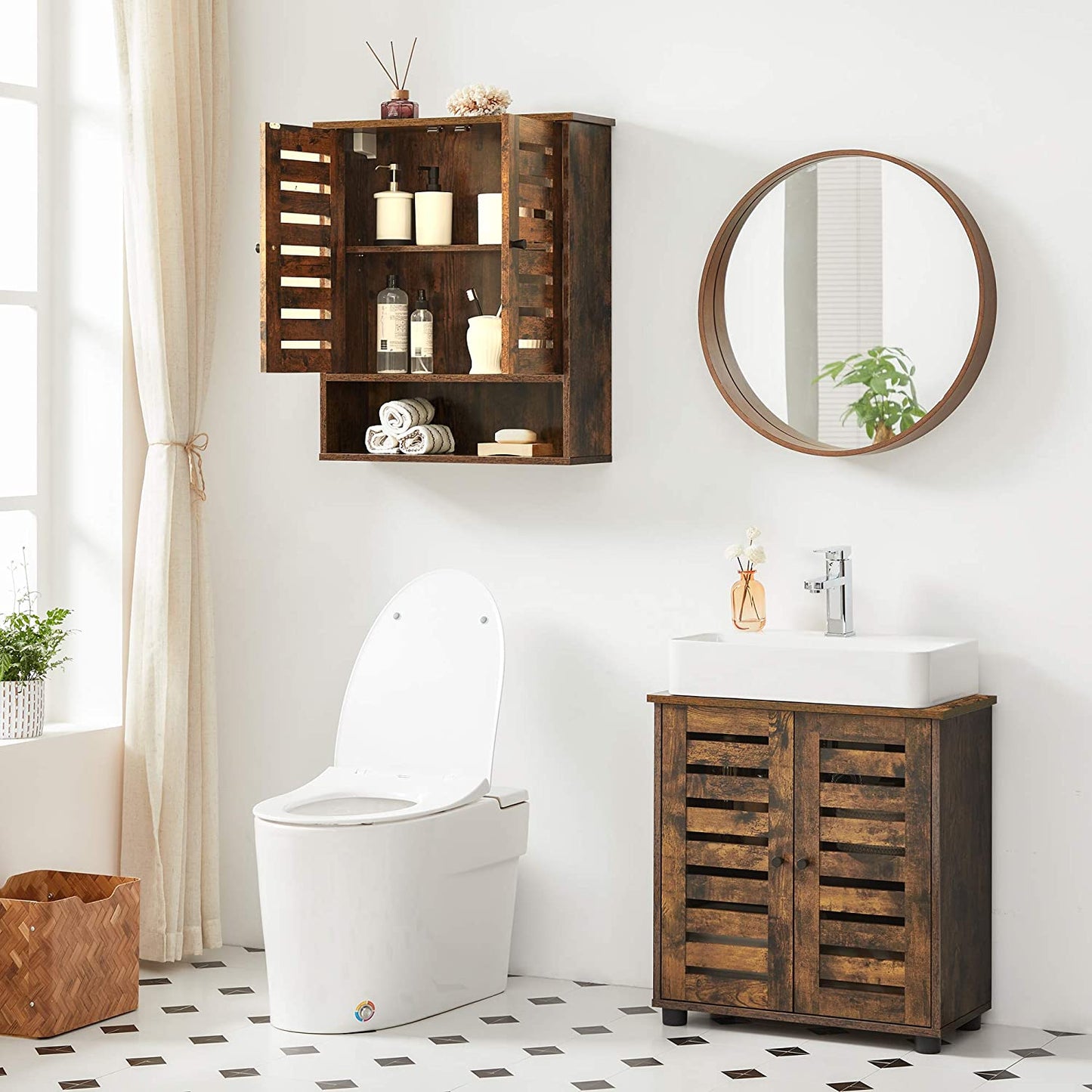 Nancy's Bolingbrook Wandkast - Badkamerkast - Opbergkast - 2 Deuren - 1 Open Vak - Bruin - Bewerkt Hout - Industrieel - 60 x 20 x 70 cm