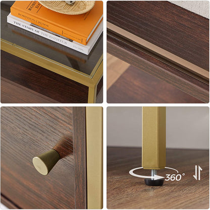 Nancy's Oviedo Dressoir - Keukenkast - Opbergkast - Schuifdeur - Bijzettafel - Gehard Glas - Bewerkt Hout - Bruin - Goud - 100 x 35 x 80 cm