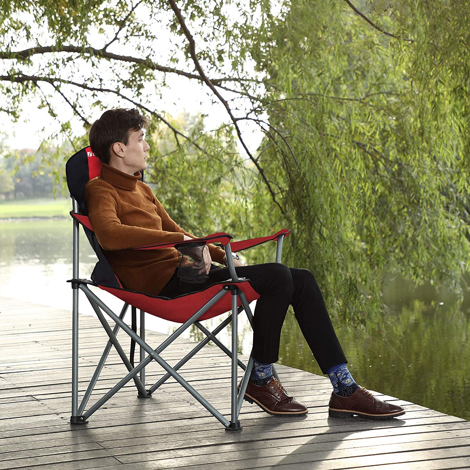 Chaise de camping Nancy's Foley - Chaise pliante - Porte-bouteille - Extérieur - Mousse - Rouge - Noir - Fer - Tissu - 90 x 55 x 102 cm