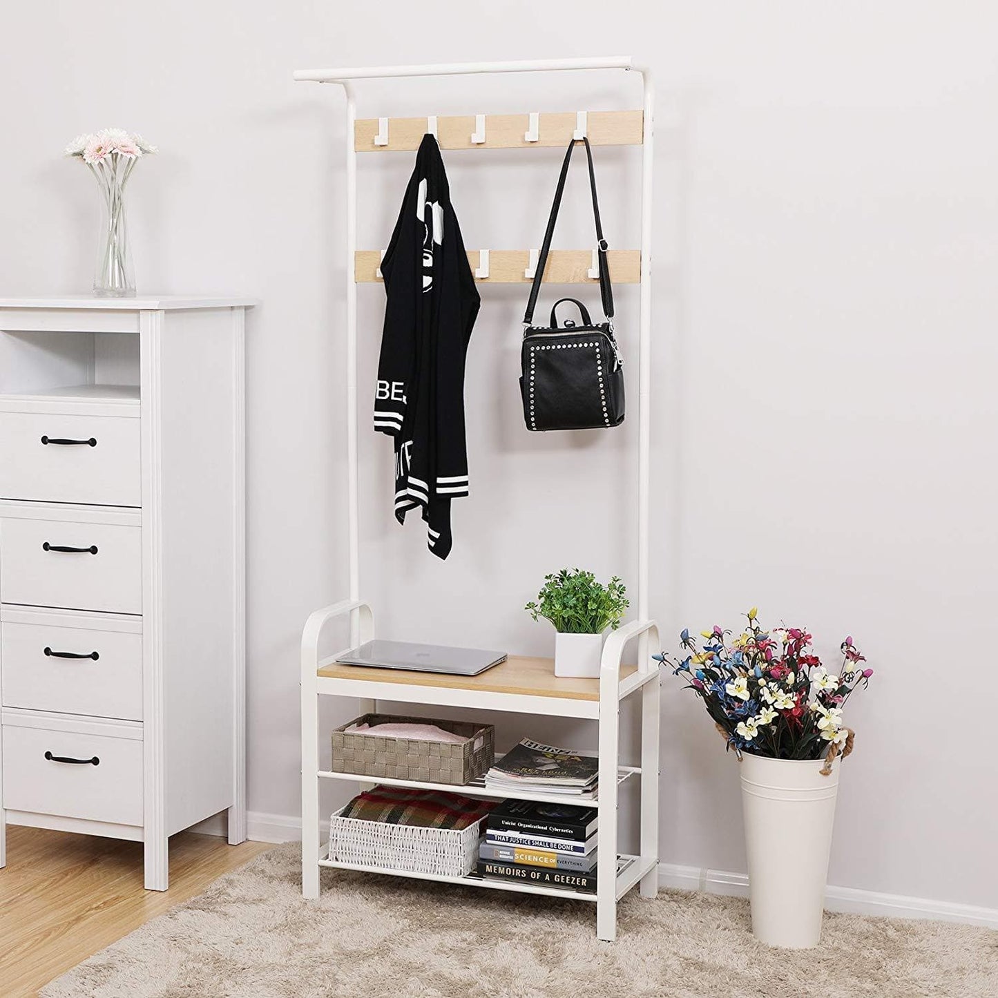 Armoire debout de Nancy avec porte-manteau - Étagère à chaussures et banc - Vintage Industriel - Porte-manteaux - Beige / Blanc - 72 x 33,7 x 183 cm