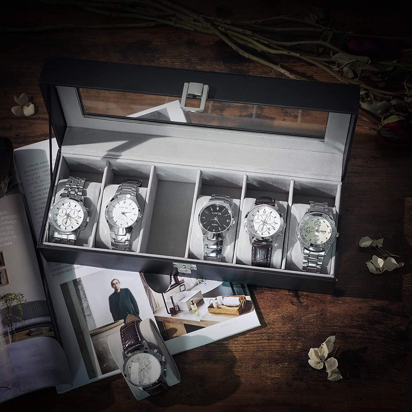 Nancy's Cateano Horlogedoos - Horlogebox - Opbergdoos voor 6 Horloges - Zwart / Grijs