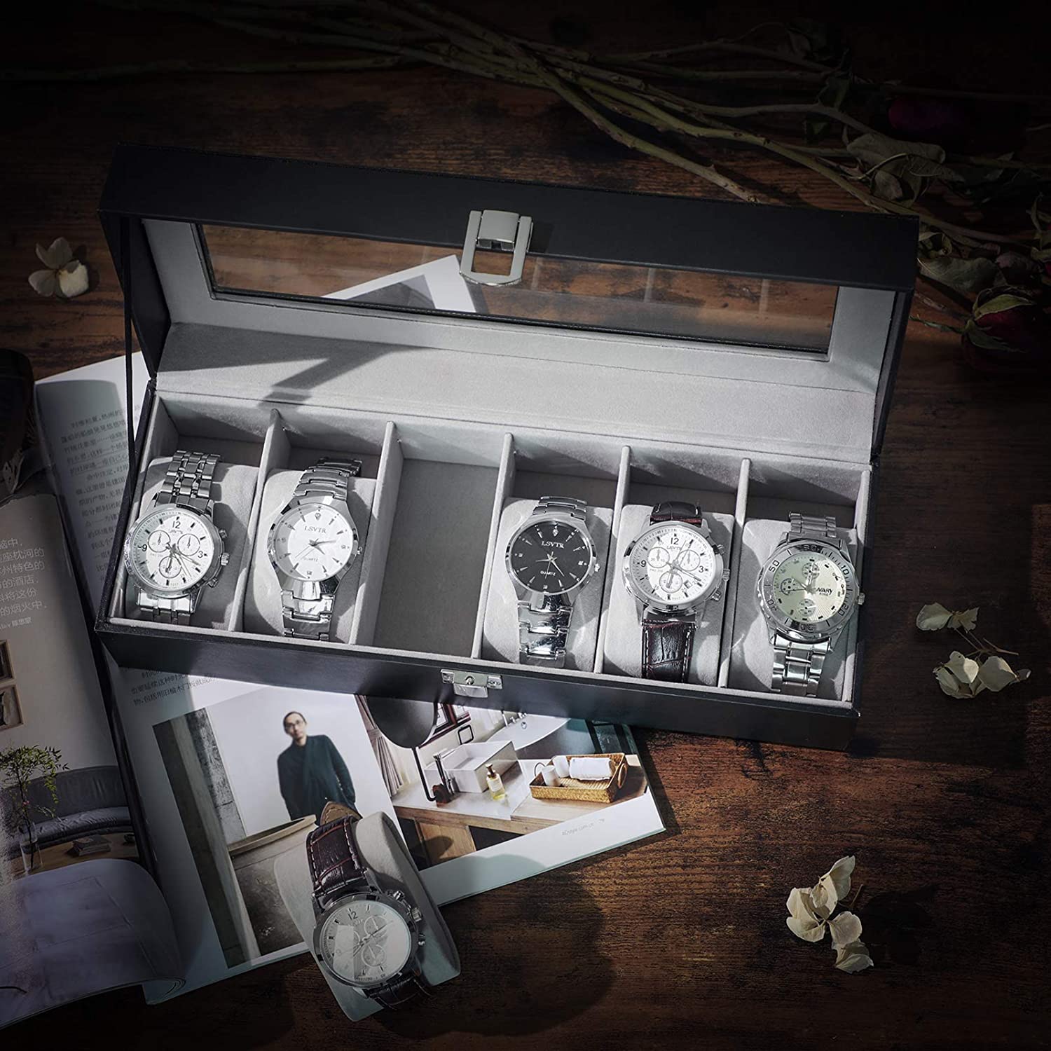 Nancy's Cateano Horlogedoos - Horlogebox - Opbergdoos voor 6 Horloges - Zwart / Grijs