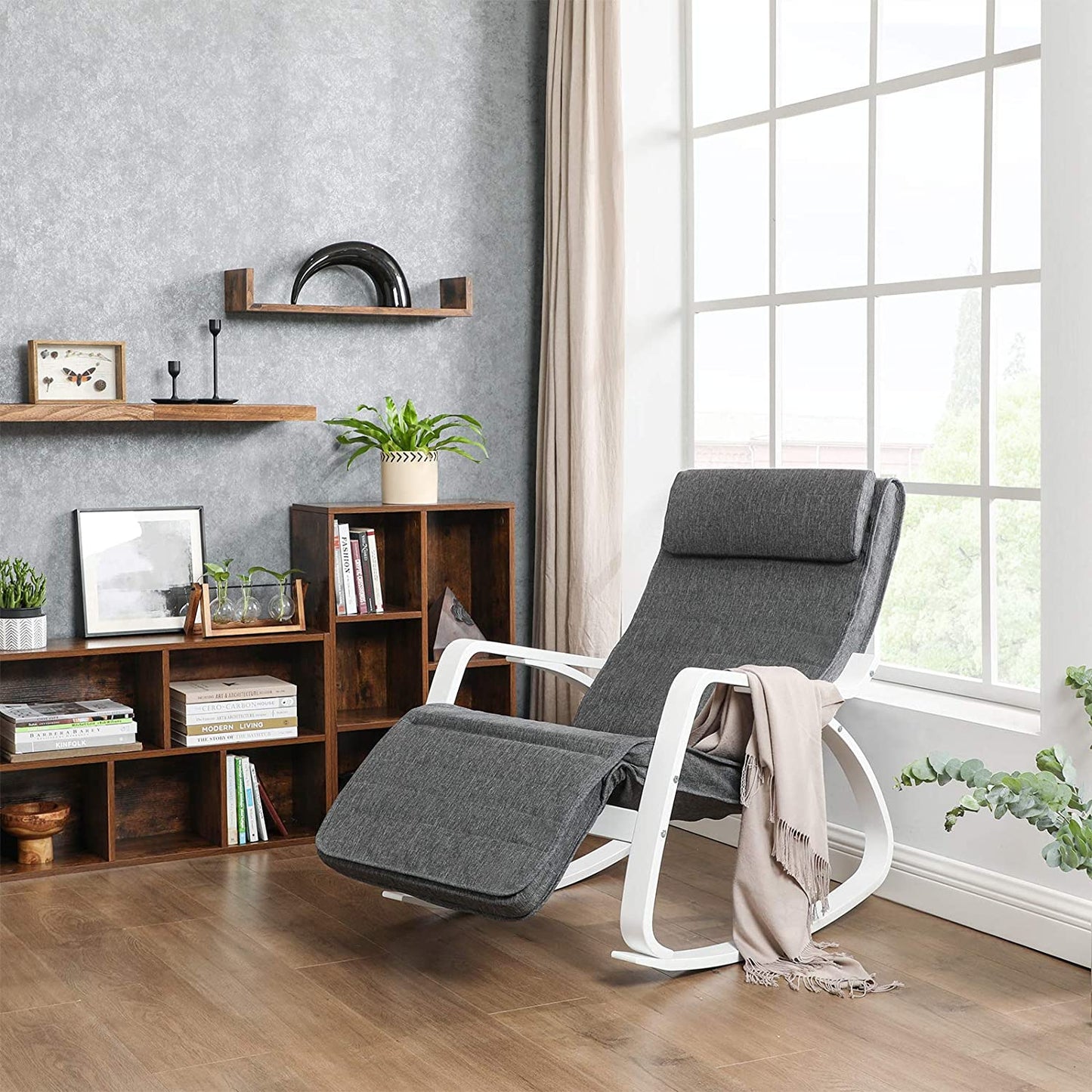 Nancy's San Felipe Schommelstoel - Relax Fauteuil - Loungestoel - Wit / Grijs - Linnen / Berkenhout