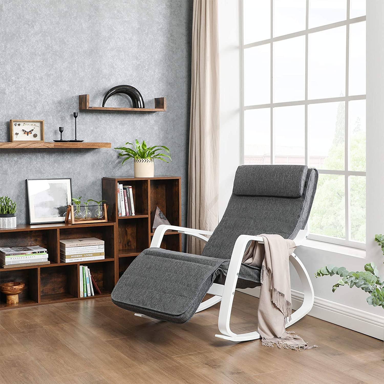 Nancy's San Felipe Schommelstoel - Relax Fauteuil - Loungestoel - Wit / Grijs - Linnen / Berkenhout
