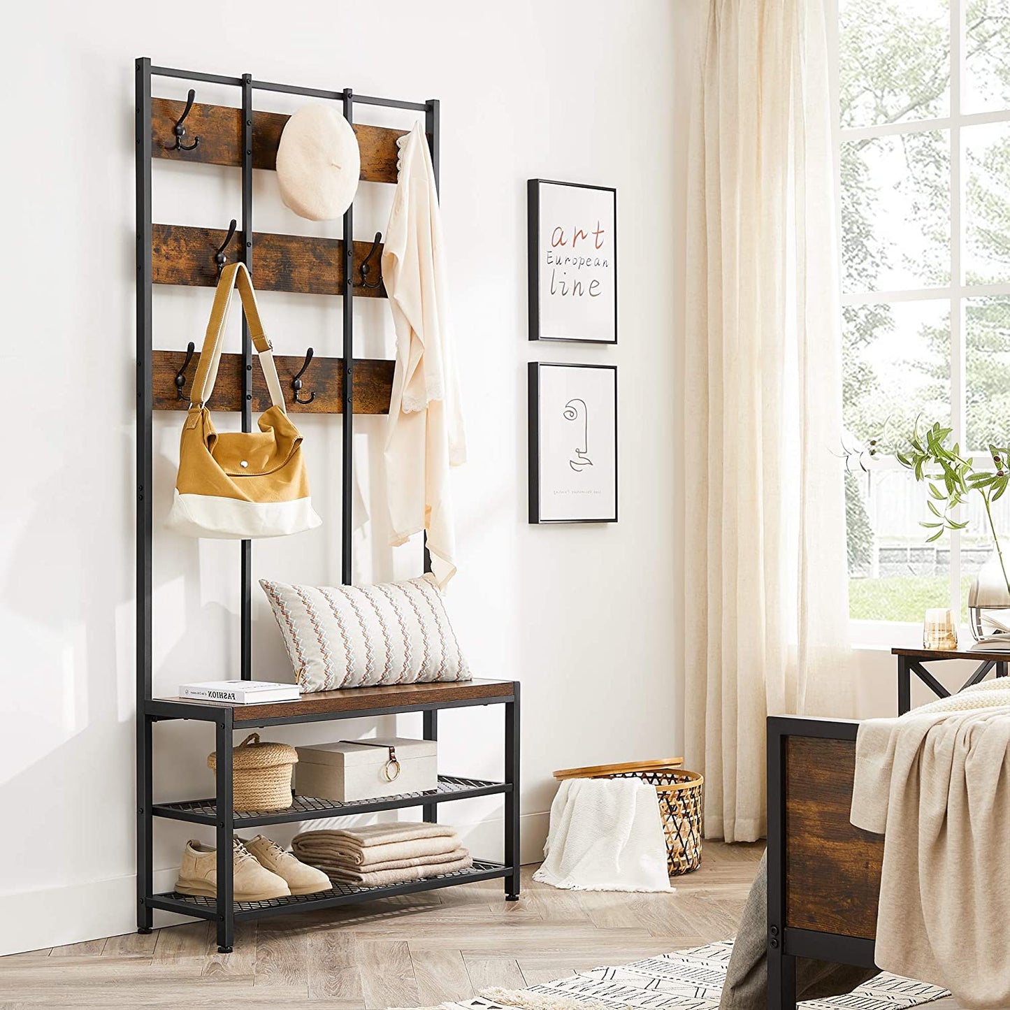 Nancy's Sinton Coat Rack - Wardrobe Rack - 8 Hooks - Bench - 2 Grid Shelves - Metal - Engineered Wood - Industrial - Black - Brown