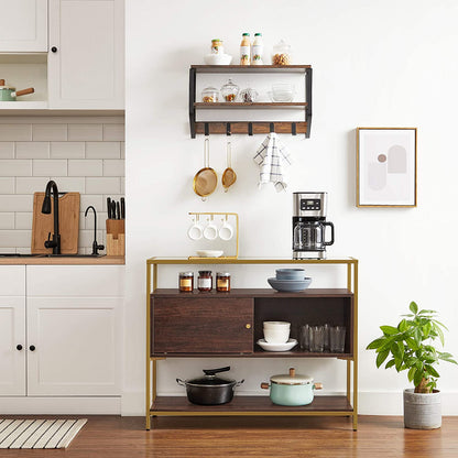 Nancy's Oviedo Dressoir - Keukenkast - Opbergkast - Schuifdeur - Bijzettafel - Gehard Glas - Bewerkt Hout - Bruin - Goud - 100 x 35 x 80 cm