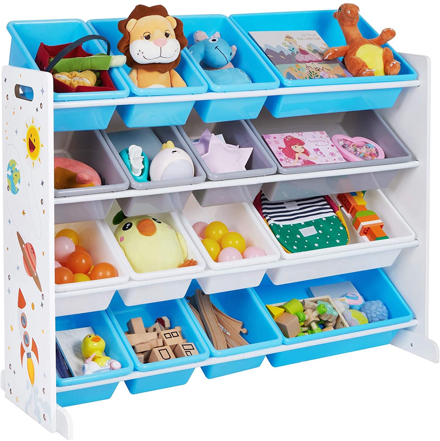 Nancy's Fossmill Speelgoed Organizer - Kinderkamer - Opslagkast - 16 Dozen - Kunststof - Blauw - Wit - Grijs - 106 x 26,5 x 78 cm