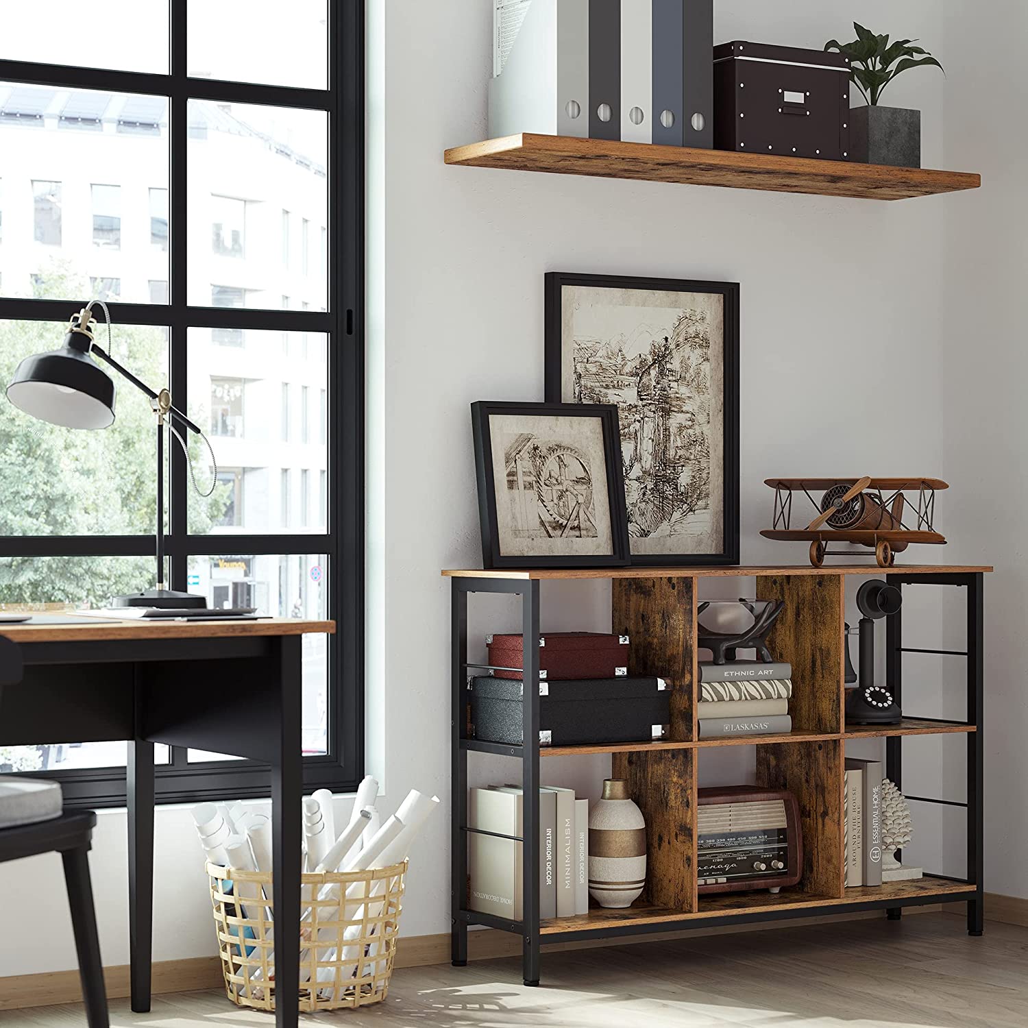 Nancy's Canfield Boekenkast - Vakkenkast - Opbergkast - Bruin - Zwart - Bewerkt Hout - Metaal - 120 x 33 x 80 cm