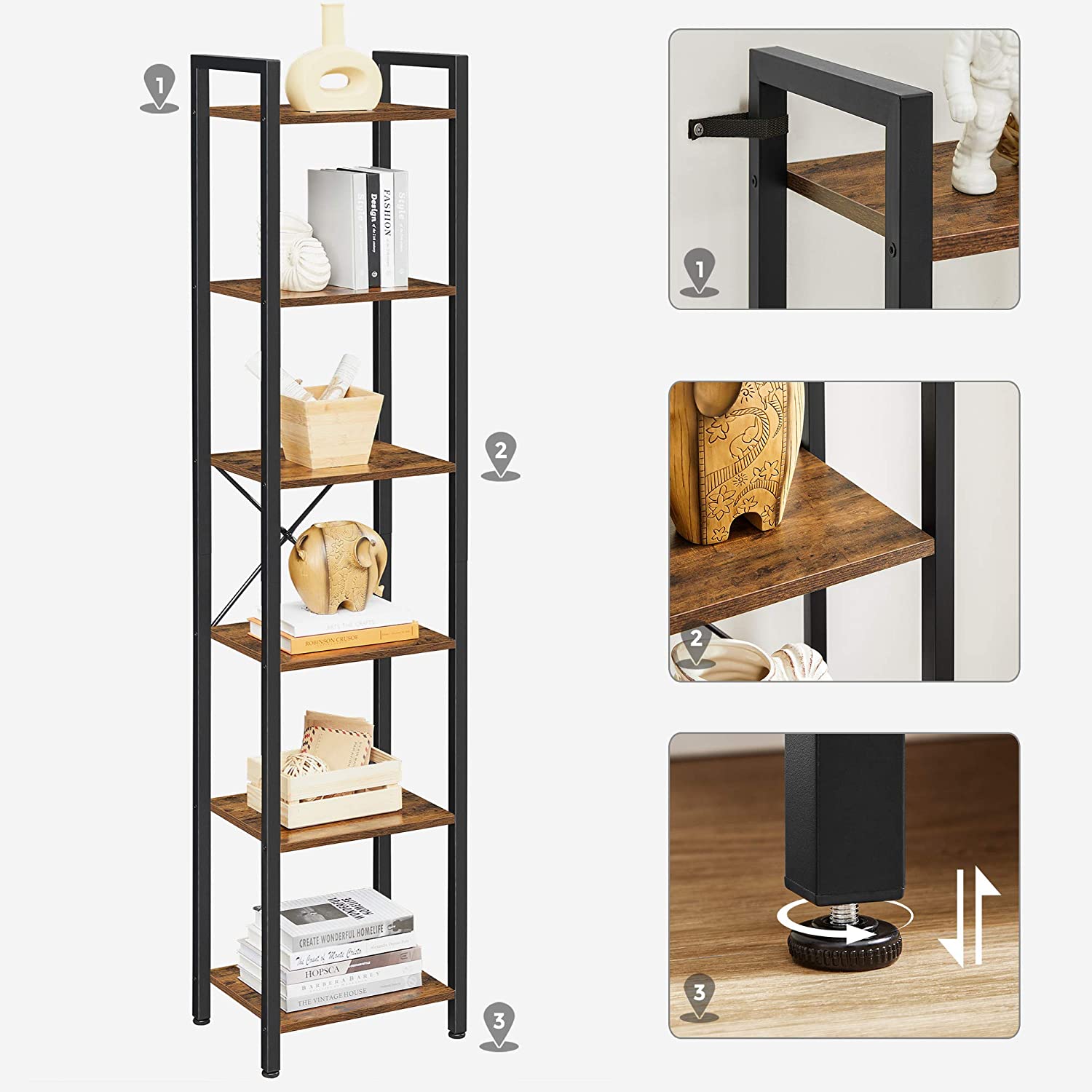 Nancy's Covina Opbergrek - Boekenrek - Open Kast - Wandkast - Bruin / Zwart - ± 40 x 30 x 190 cm