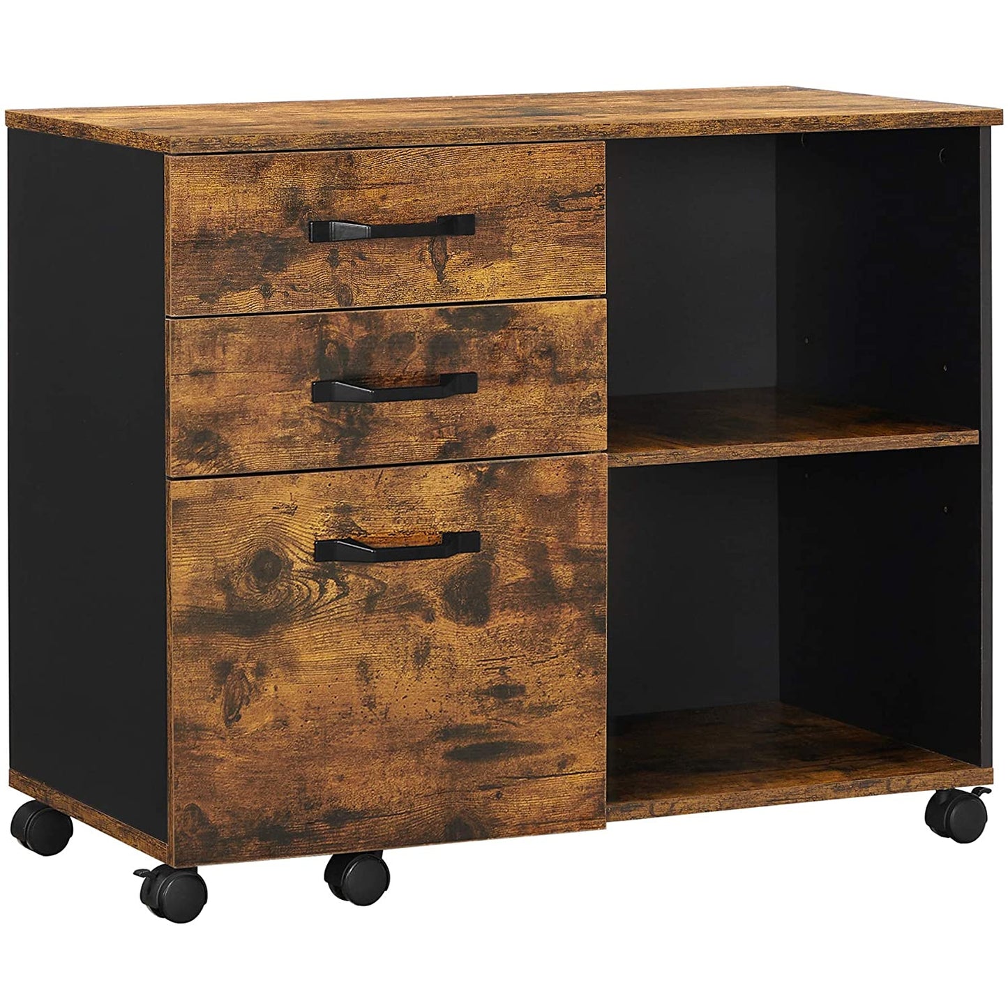 Nancy's Madras Archiefkast - Rolcontainer - Ladekast - Op Wieltjes - Opbergvakken - Industrieel - Bruin - Zwart - Bewerkt Hout - Metaal - 80 x 40 x 66 cm