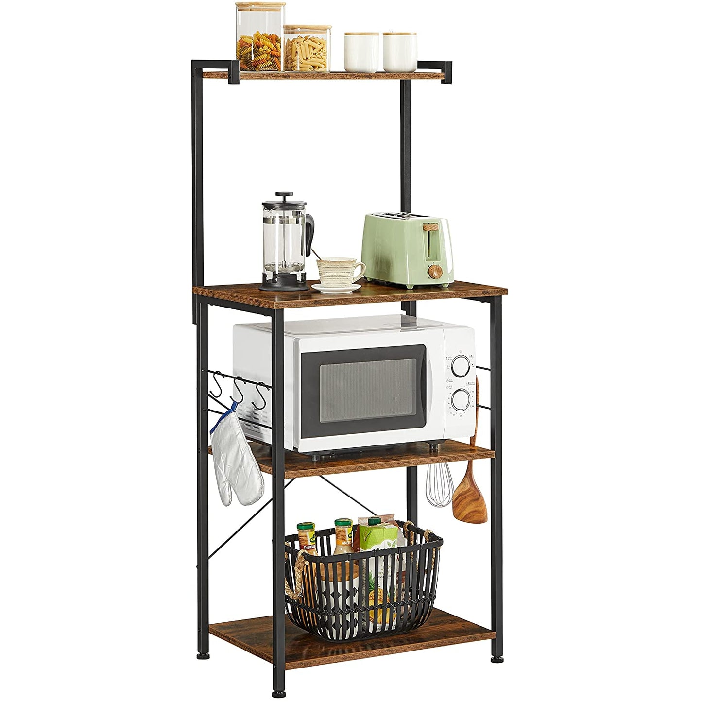 Nancy's Franktown Keukenrek - Werkruimte - Opbergrek - Industrieel - 3 Schappen - 6 Haken - Bruin - Zwart - 60 x 40 x 127 cm