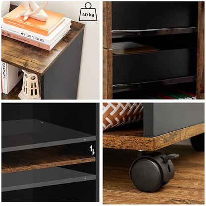 Nancy's Madras Archiefkast - Rolcontainer - Ladekast - Op Wieltjes - Opbergvakken - Industrieel - Bruin - Zwart - Bewerkt Hout - Metaal - 80 x 40 x 66 cm
