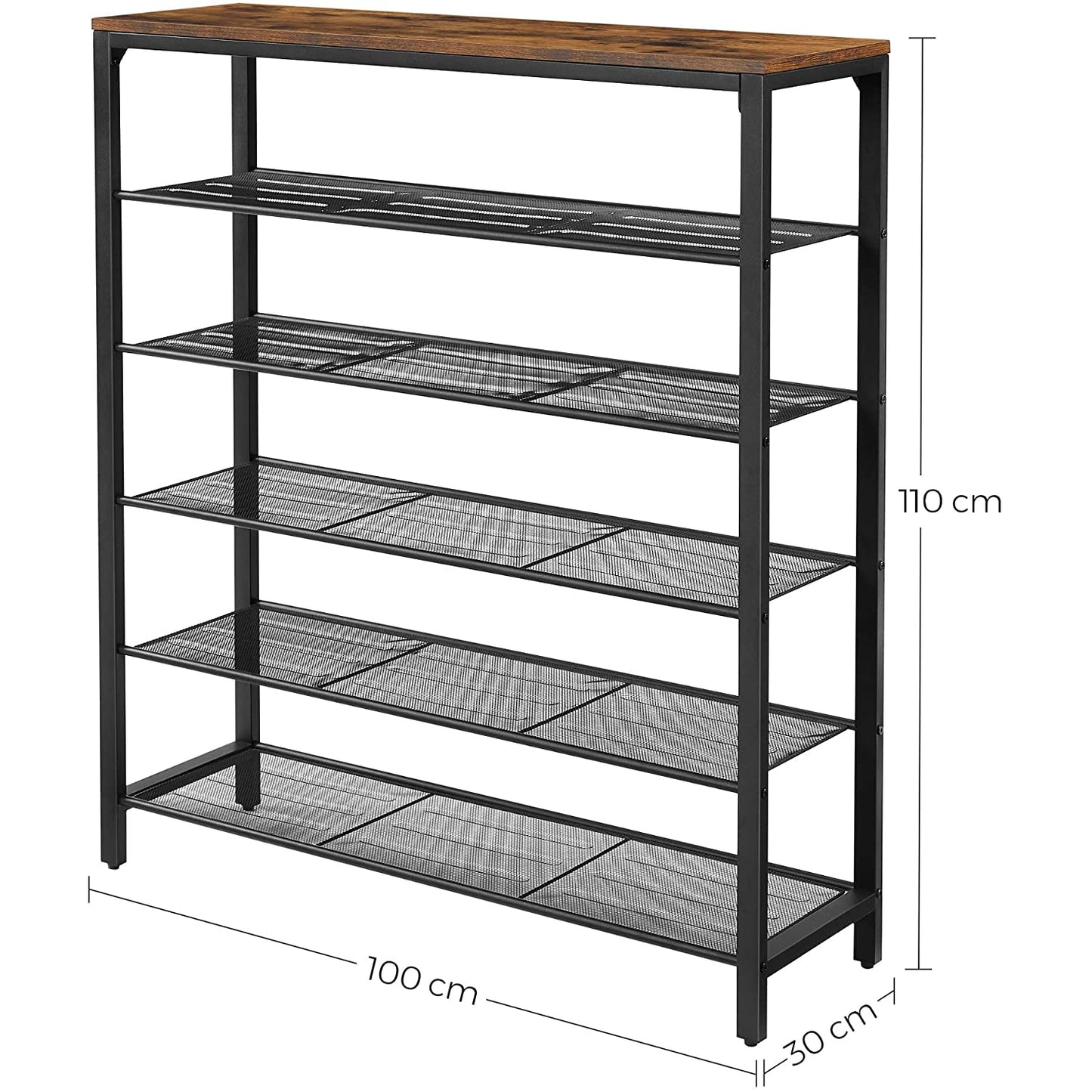 Nancy's Columbus Shoe Rack - Shoe Cabinet - 5 Levels - Side Cabinet - 20 Pairs of Shoes - Metal Frame - Hall Cupboard - 100 x 30 x 100 cm - Industrial - Brown