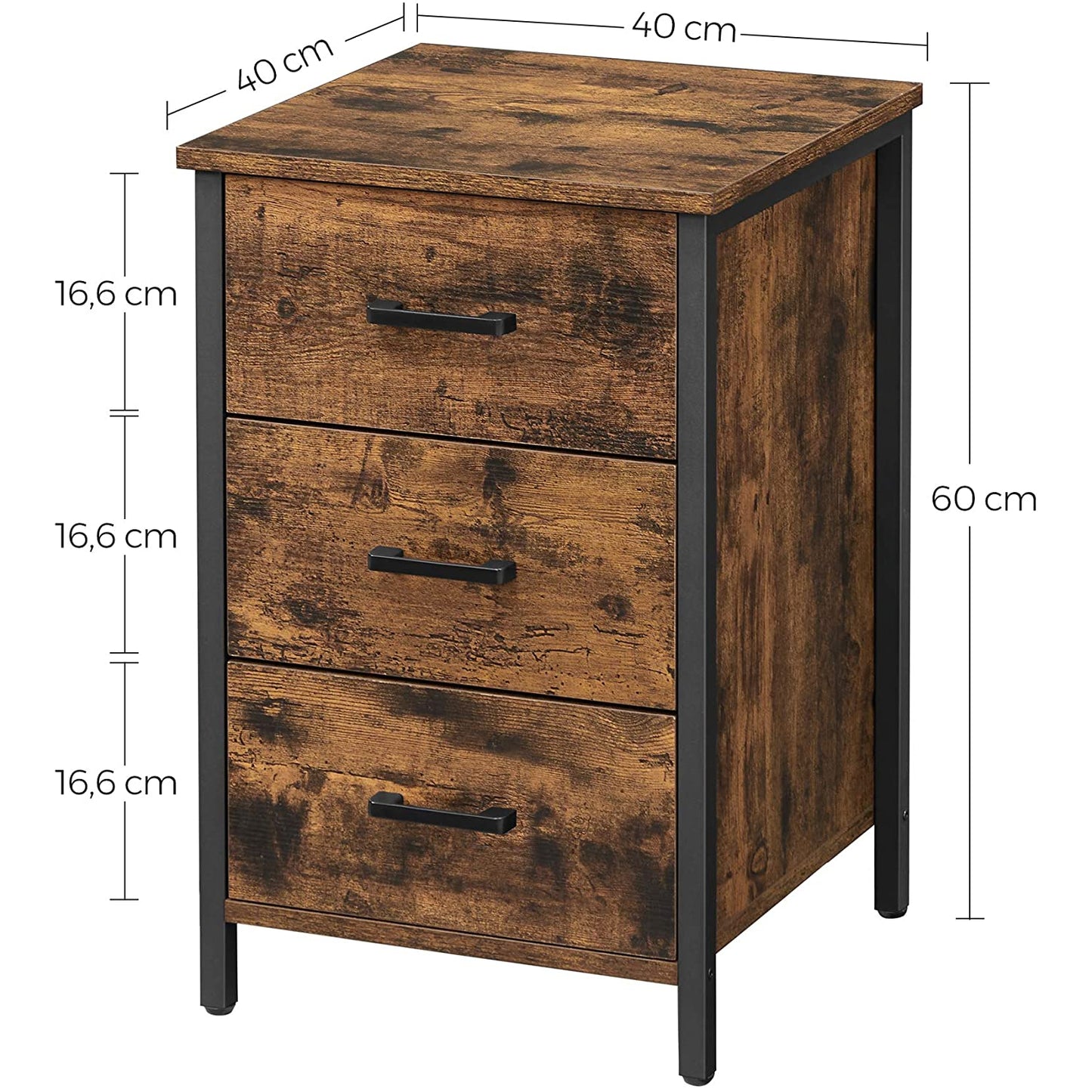 Nancy's Porterville Bedside table - Chest of drawers - Side table - 3 Drawers - Industrial - Brown - Black - Engineered Wood - Metal - 40 x 40 x 60 cm