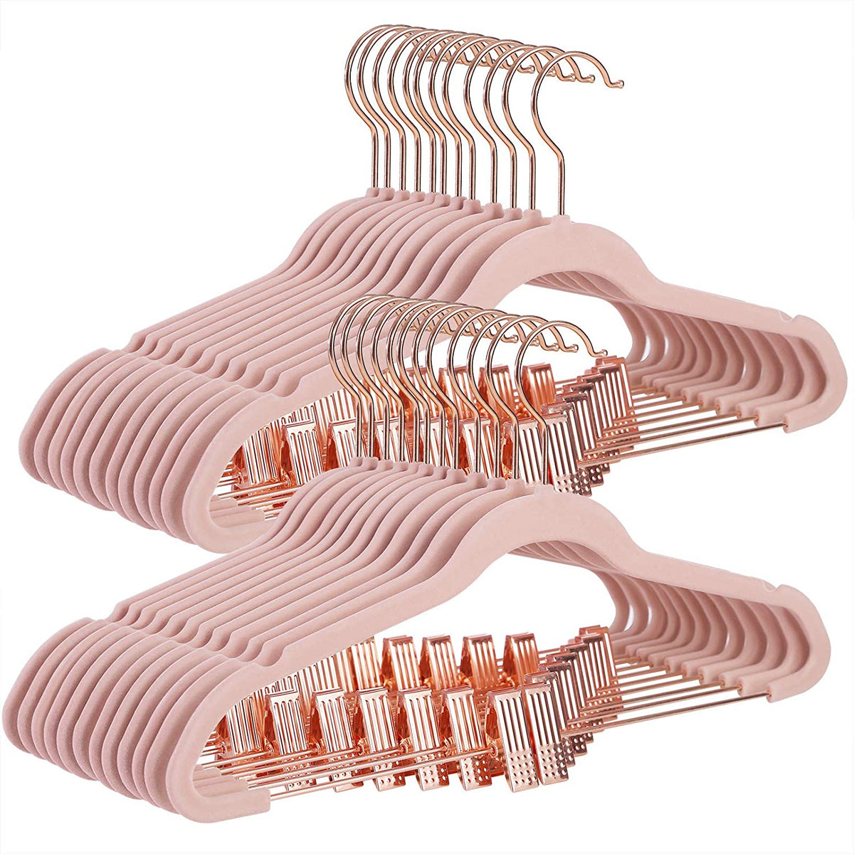 Nancy's Fluwelen Kledinghangers- Set van 24- 42.5 cm - Broekhanger - Kleerhanger - Verstelbare Clips - Roségoud - Lichtroze - Anti-Slip