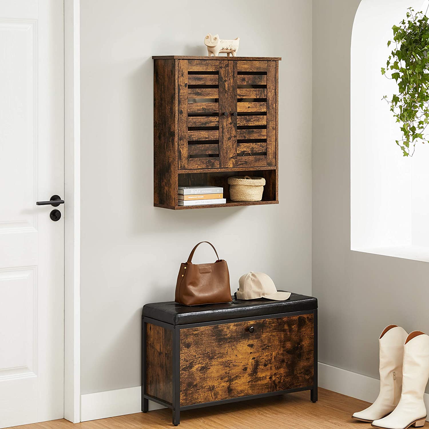 Nancy's Bolingbrook Wandkast - Badkamerkast - Opbergkast - 2 Deuren - 1 Open Vak - Bruin - Bewerkt Hout - Industrieel - 60 x 20 x 70 cm