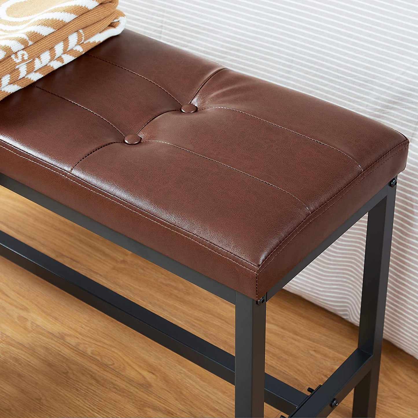 Nancy's Powell Eetkamerbank - Gestoffeerde Bank - Keukenbank - PU-Afdekking - Stalen Frame - Bruin - Zwart - 108 x 32,5 x 48 cm
