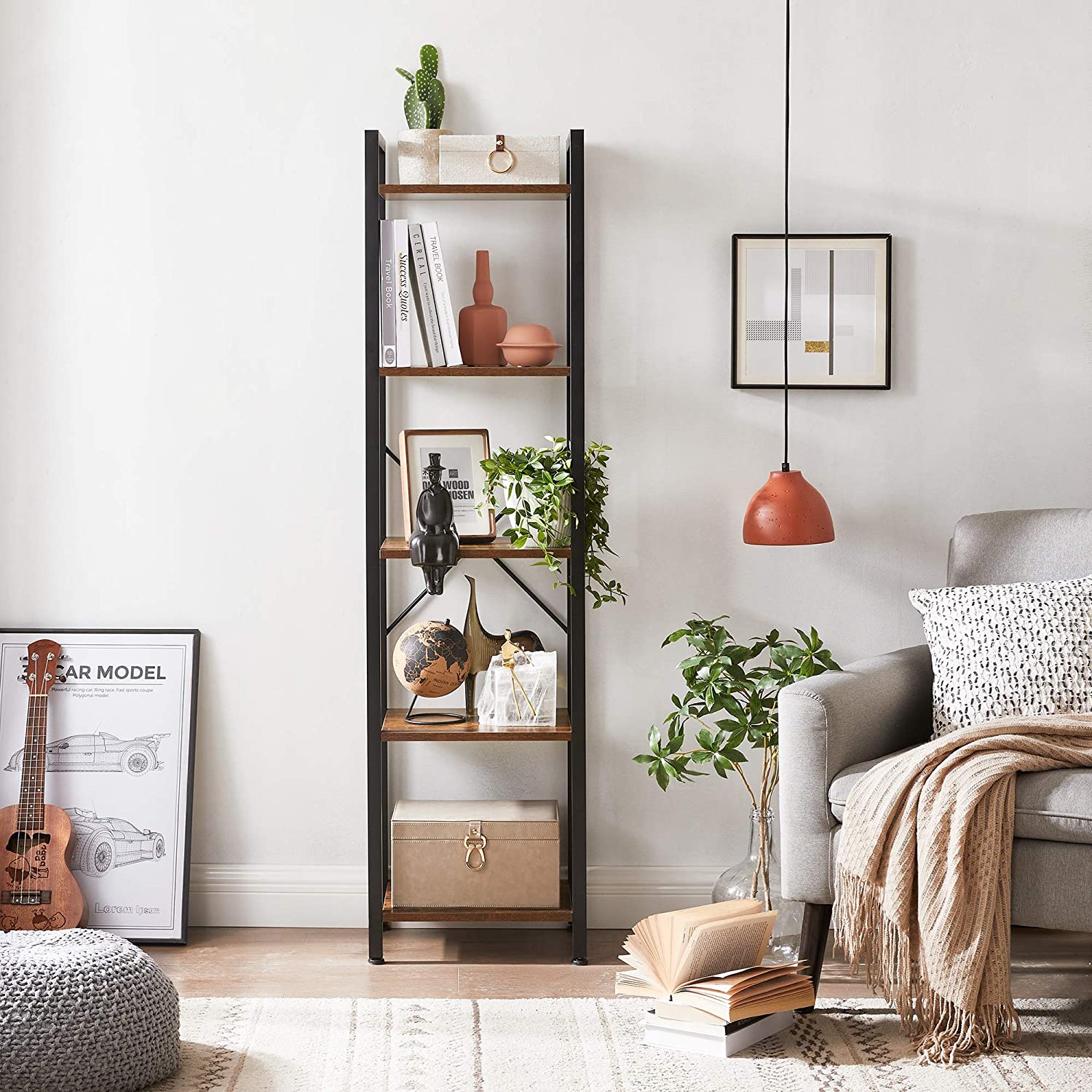 Nancy's Burke Opbergrek - Boekenkast - Open Kast - 5 Niveaus - Vintage - Industrieel - Bruin -Bewerkt Hout - Metaal - ± 40 x 30 x 145 cm