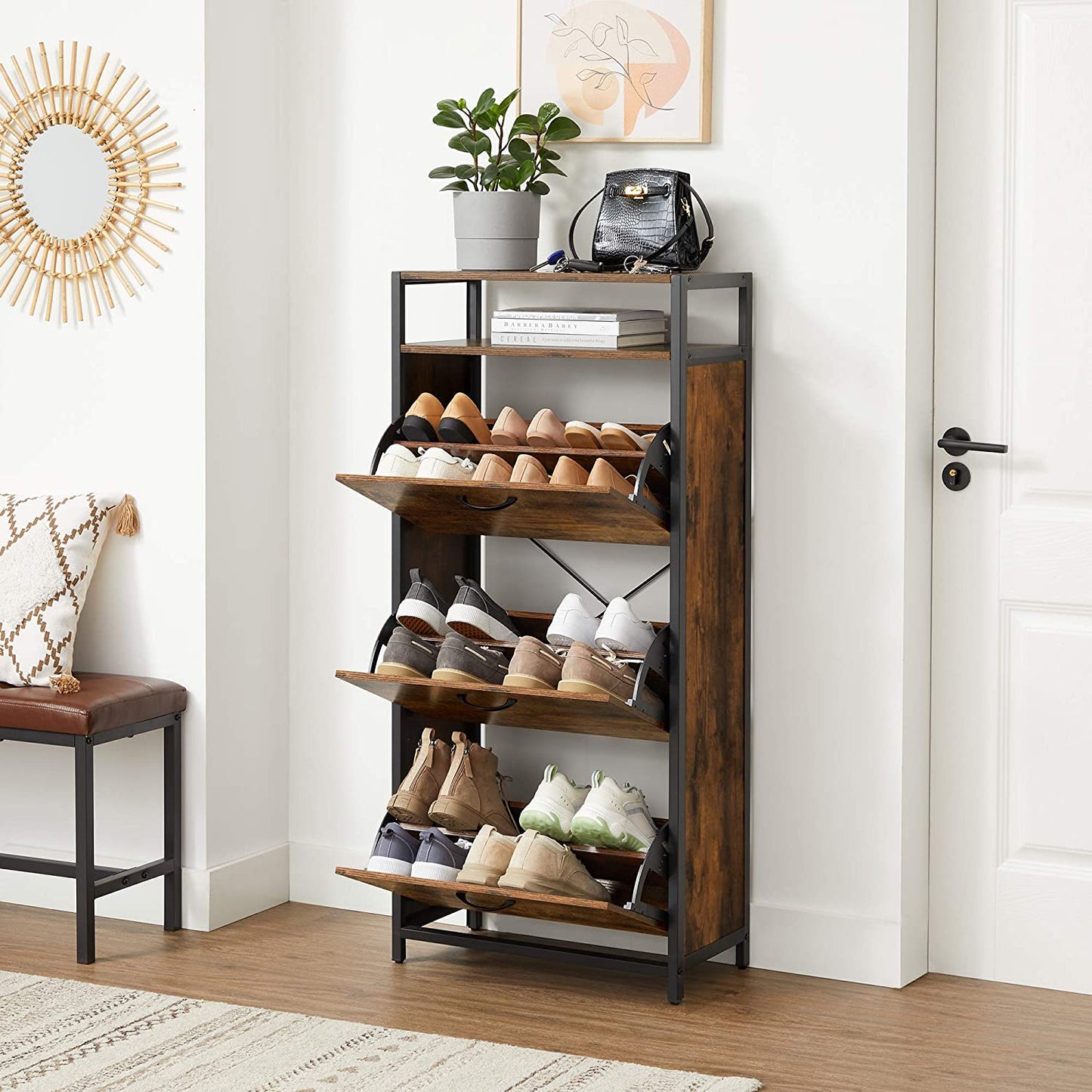 Nancy's Goshen Shoe Cabinet - Shoe Rack - 3 Valves - Shoe Storage - 15-18 pairs of Shoes - 60 x 30 x 130 cm - Brown