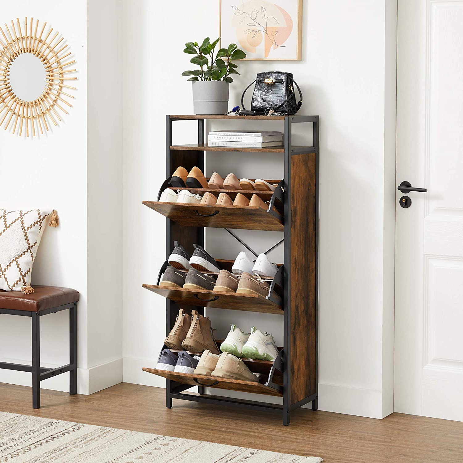 Nancy's Goshen Schoenenkast - Schoenen Organizer - Schoenenrek - Vintage Bruin / Zwart - 60 x 30 x 130 cm