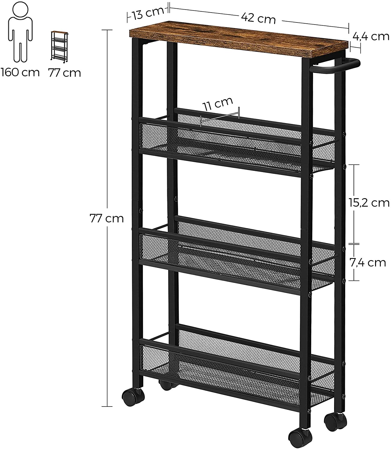 Nancy's Granger Serveerwagen - Keukentrolley - Op Wieltjes - Bewerkt Hout - Metaal - Bruin - Zwart - 4 Niveaus - 42 x 13 x 77 cm