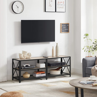 Nancy's Hawkshaw TV Meubel - TV Kast - Lowboard - Opbergruimte - Open Vakken - Tot 60/70 Inch - Staal - Bewerkt Hout - Natuurlijk - Grijs - 140/60 x 39,2 x 50 cm