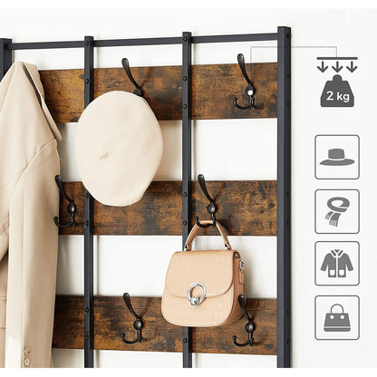 Nancy's Sinton Coat Rack - Wardrobe Rack - 8 Hooks - Bench - 2 Grid Shelves - Metal - Engineered Wood - Industrial - Black - Brown