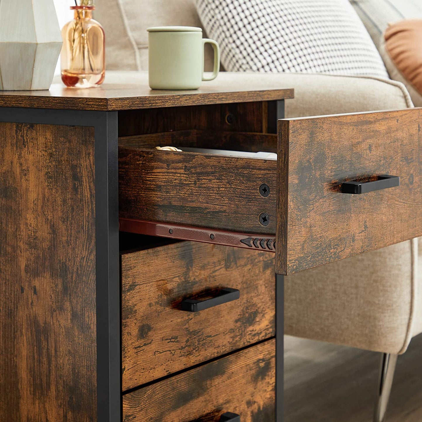 Nancy's Porterville Bedside table - Chest of drawers - Side table - 3 Drawers - Industrial - Brown - Black - Engineered Wood - Metal - 40 x 40 x 60 cm