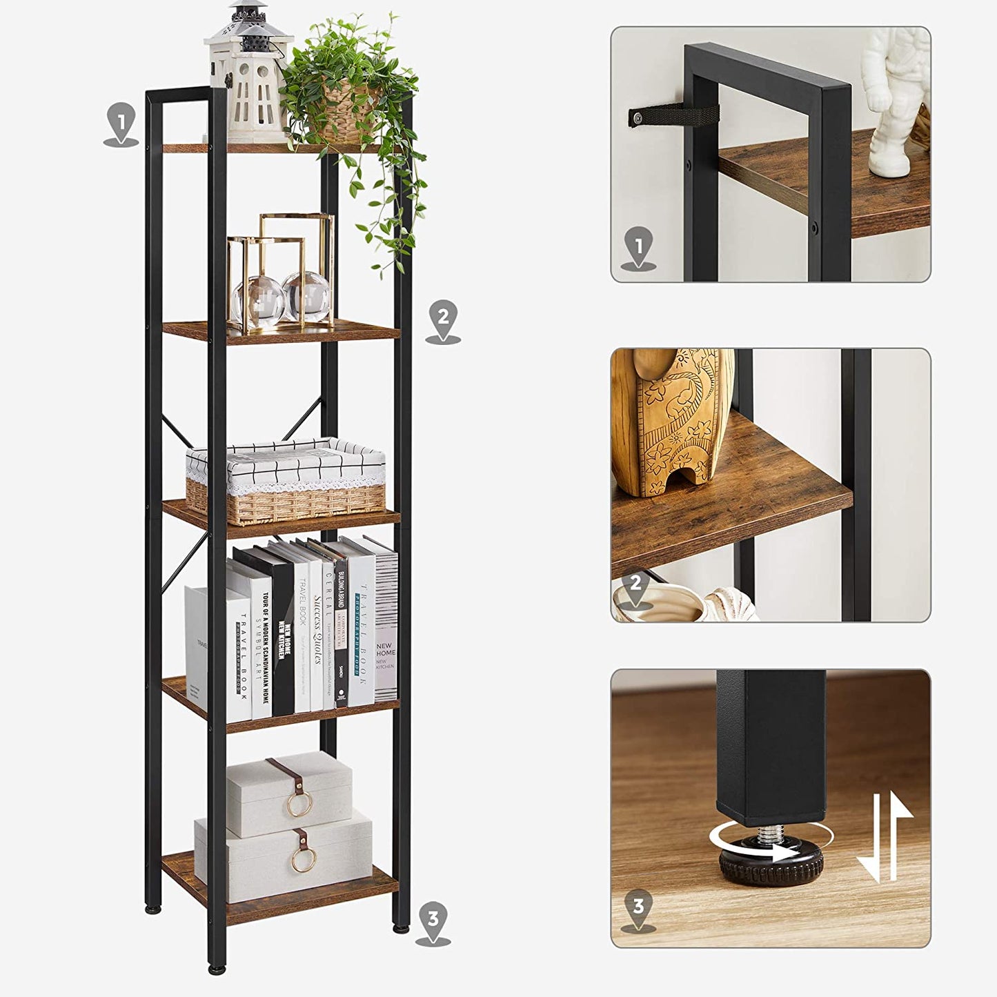 Nancy's Burke Opbergrek - Boekenkast - Open Kast - 5 Niveaus - Vintage - Industrieel - Bruin -Bewerkt Hout - Metaal - ± 40 x 30 x 145 cm
