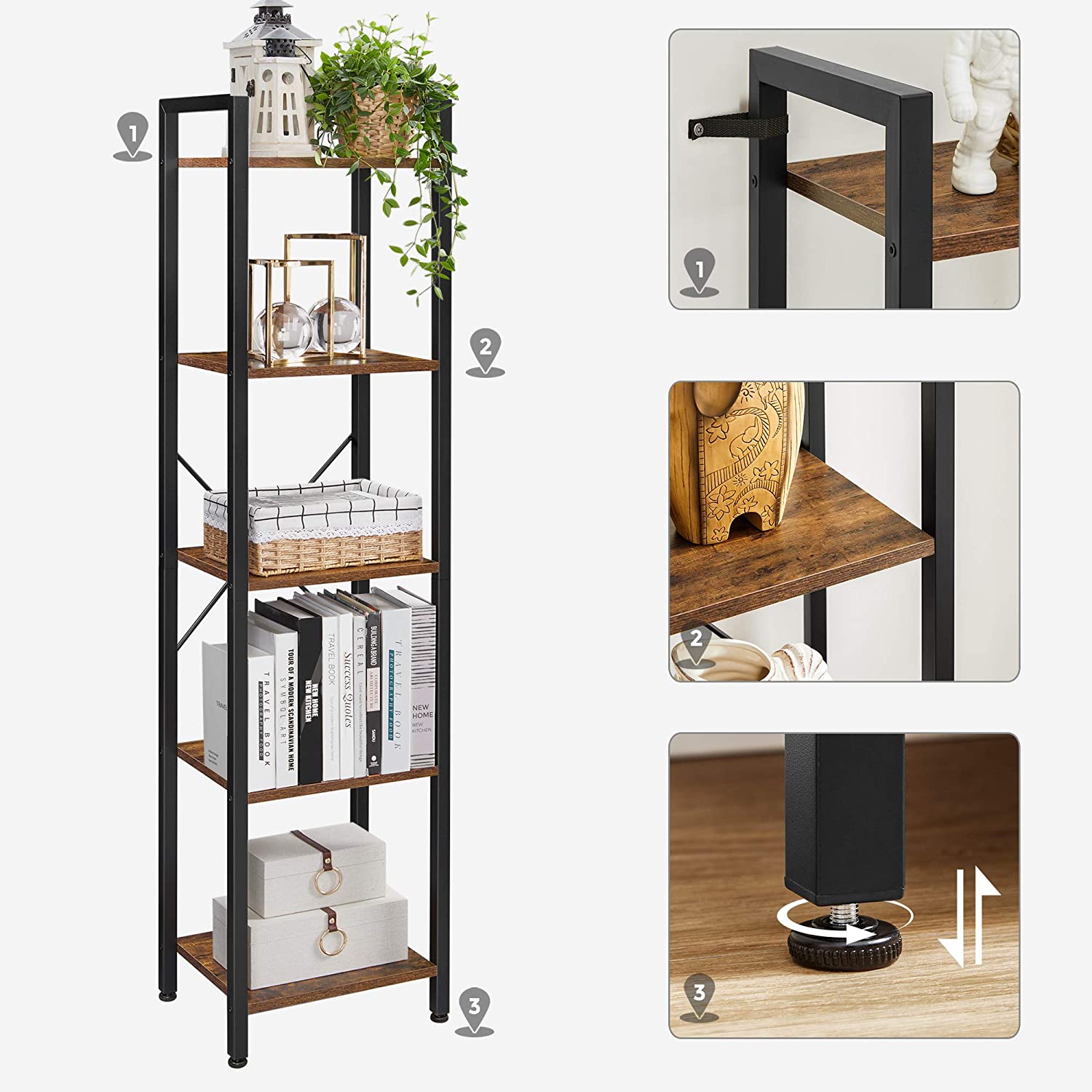 Nancy's Burke Opbergrek - Boekenkast - Open Kast - 5 Niveaus - Vintage - Industrieel - Bruin -Bewerkt Hout - Metaal - ± 40 x 30 x 145 cm