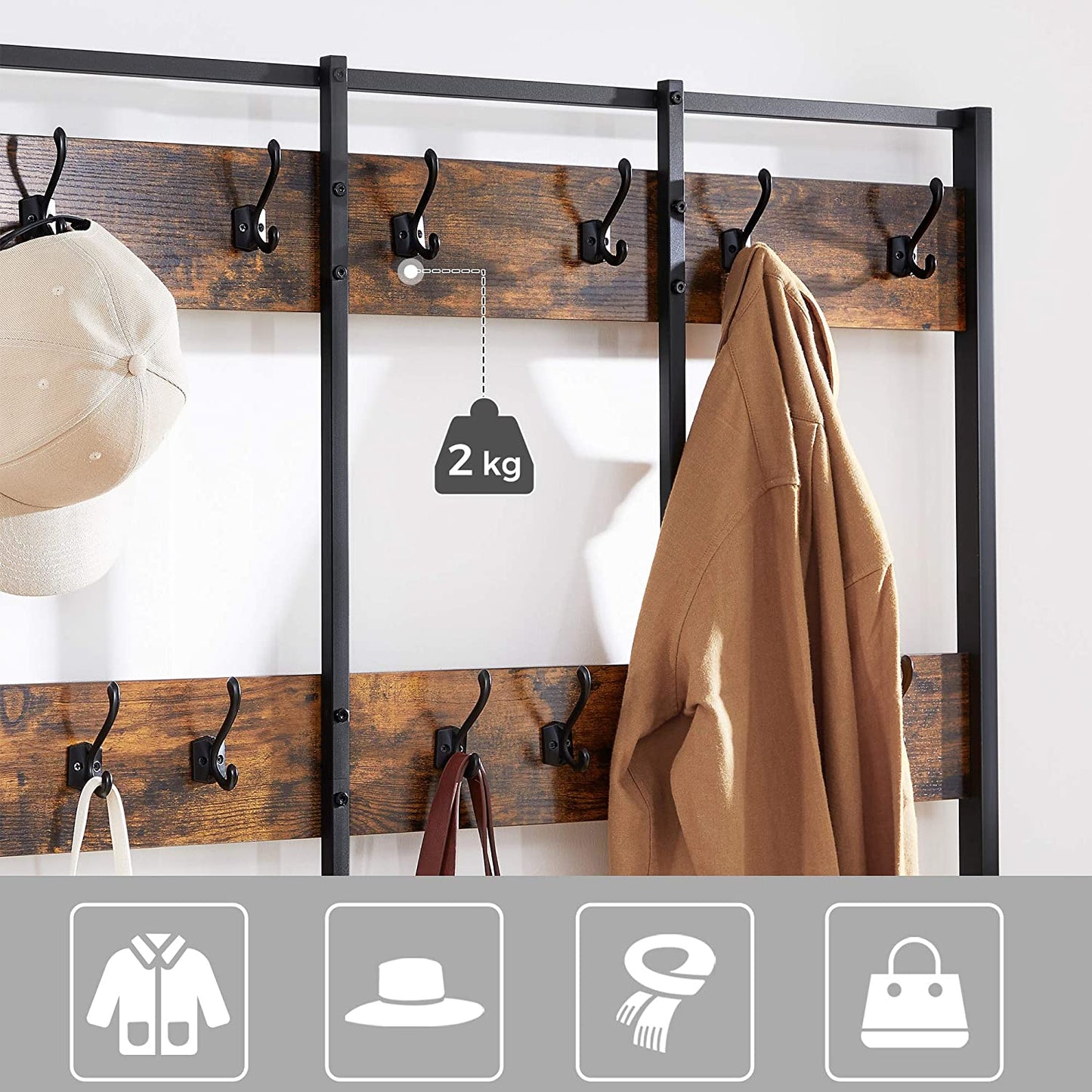 Nancy's Greenfield Kapstok - Garderoberek - 12 Haken - Schoenenrek - Vintage Bruin / Zwart - ± 100 x 40 x 185 cm