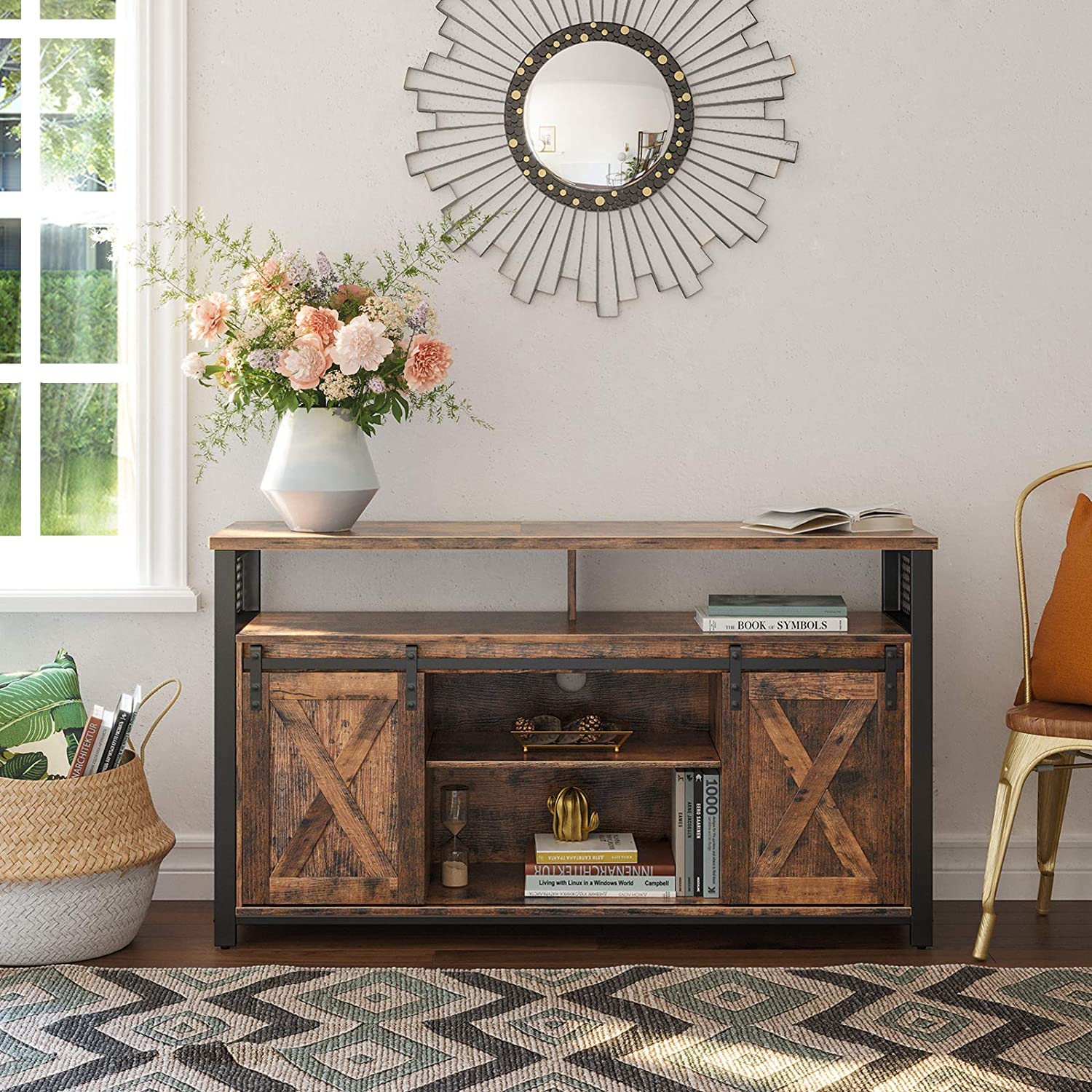 Nancy's Starkville TV Meubel - TV Kast - Vintage Bruin / Zwart - Spaanplaat / Staal - ± 135 x 40 x 75 cm