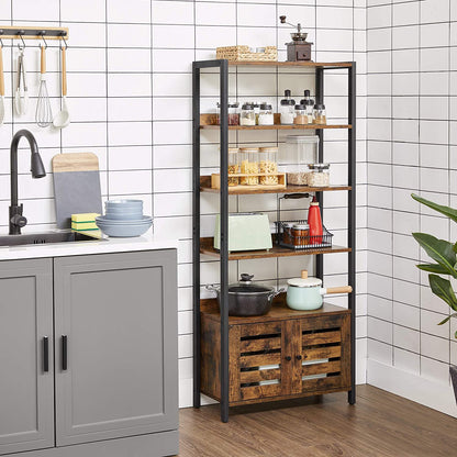 Nancy's Crookston Boekenkast - Opbergkast - 4 Niveaus - 2 Deuren - Industrieel - Vintage - Bruin - Zwart - Bewerkt Hout