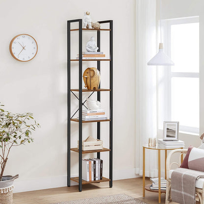 Nancy's Covina Storage Rack - Bookshelf - Open Cabinet - 6 Levels - Vintage - Industrial - Brown - Processed Wood - Metal - 40 x 30 x 178.6 cm