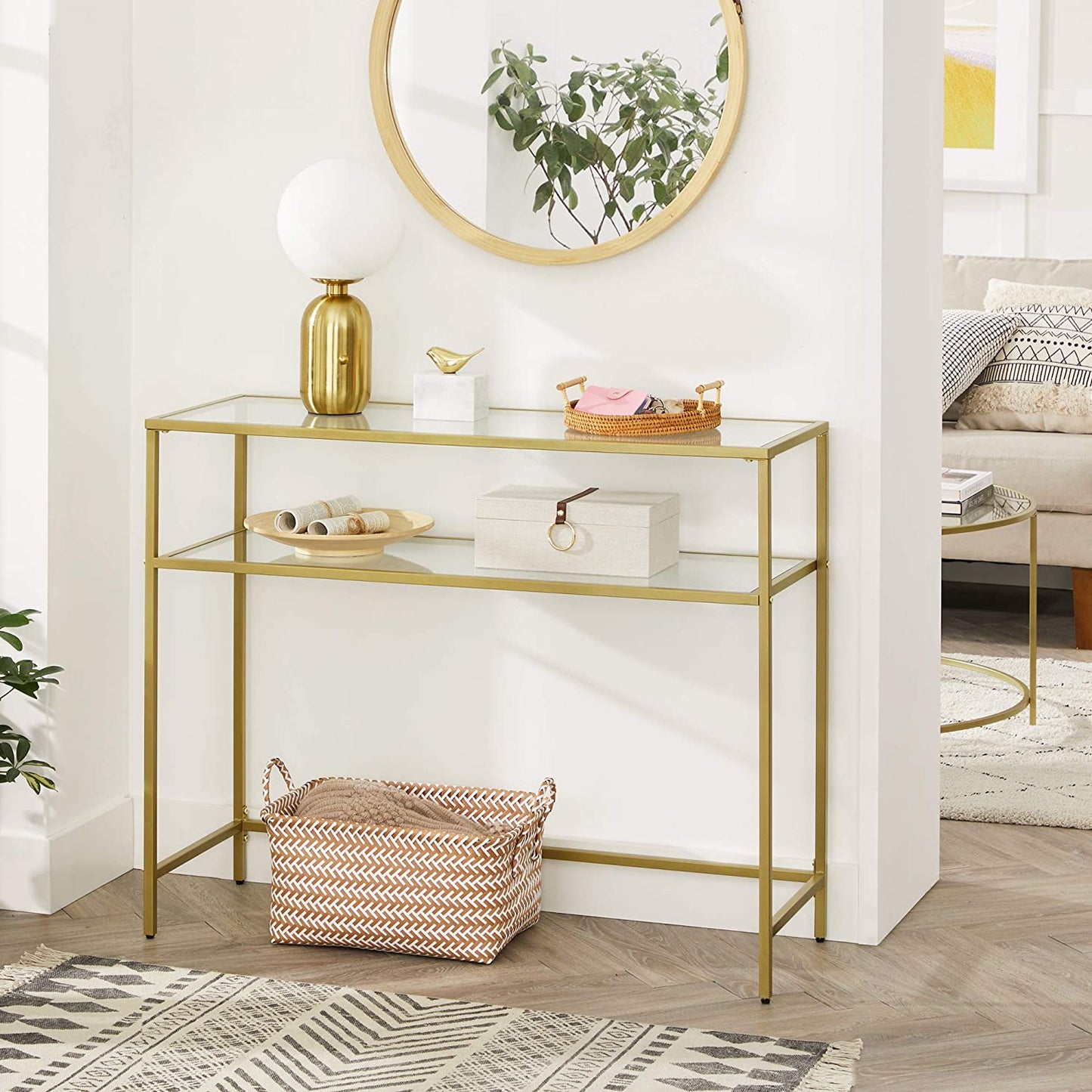 Nancy's Goldfield Console Tafel - Bijzettafel - 2 Niveaus - Gehard Glas - Metalen Frame - Verstelbare Poten - Goud - 100 x 35 x 80 cm