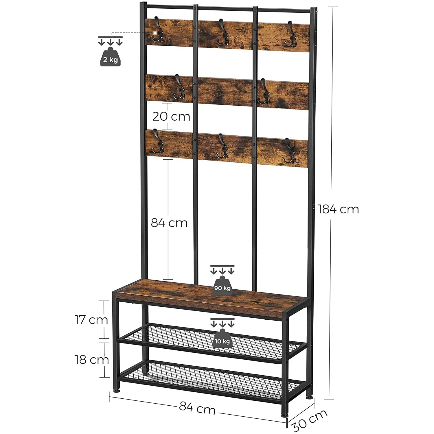 Nancy's Sinton Kapstok - Garderoberek - 8 Haken - Bank - Schoenenrek - Vintage Bruin / Zwart - ± 85 x 30 x 185 cm