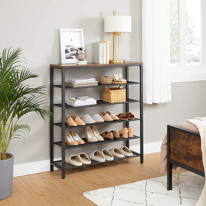 Nancy's Columbus Schoenenrek - Schoenenkast - 5 Niveaus - Bijzetkast - 20 Paar Schoenen - Metalen Frame - Gangkast - 100 x 30 x 100 cm - Industrieel - Bruin - Zwart